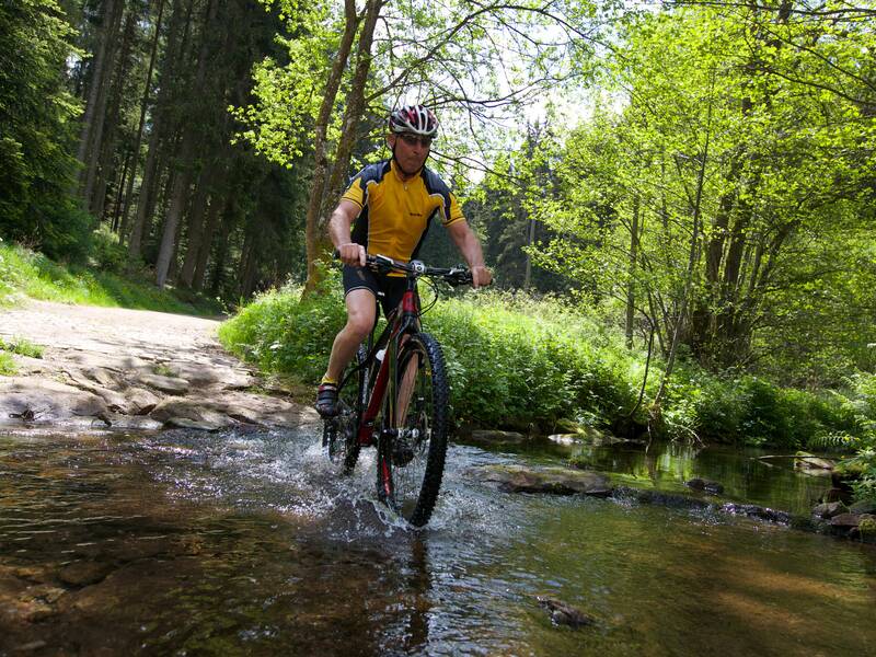 Mountainbiker fährt im Wald durch einen Bach.