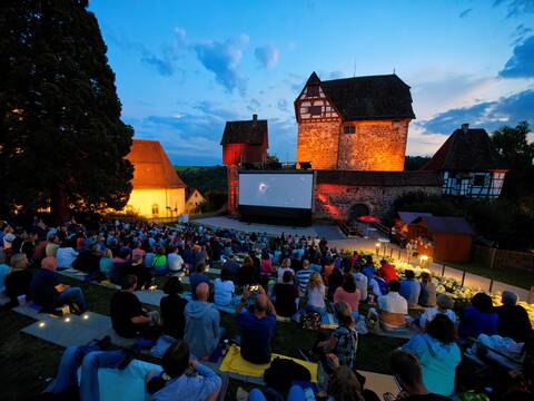 Kinovorführung im Schlossgarten in der Dämmerung.