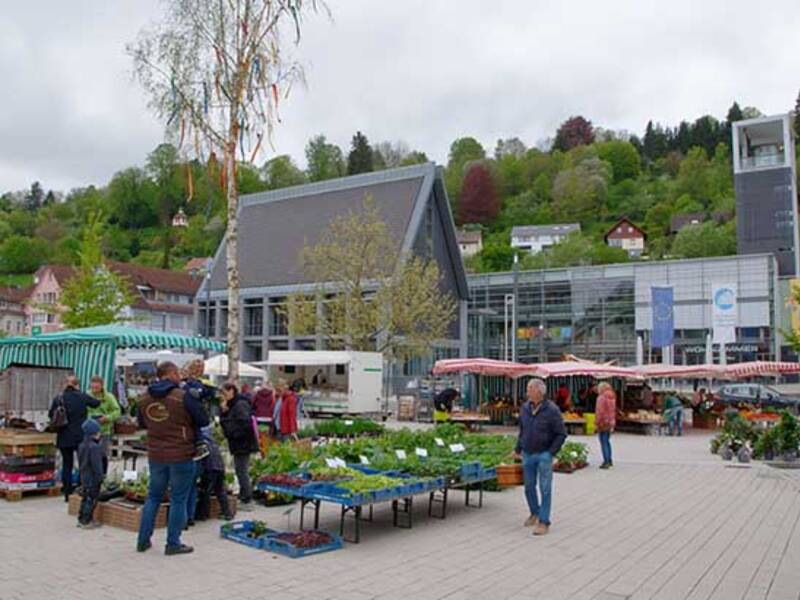 Obst- und gemüsestand mit verschiedenen Auslagen auf dem Wochenmarkt auf dem Marktplatz