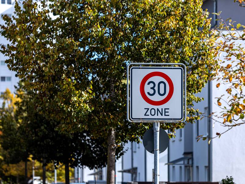 Ein Verkehrsschild, das auf den Beginn einer Tempo-30-Zone hinweist. Im Hintergrund befinden sich mehrere Bäume mit grünen Blättern und weiße Häuser.